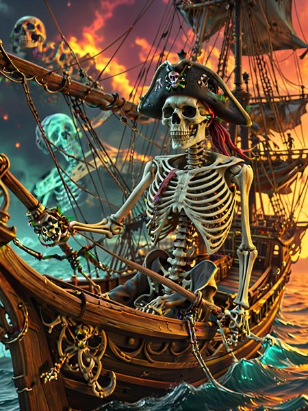 skeleton pirate steering his ghost ship to utter doom , fractal pattern background.   8k, masterpiece vivid colors,  <lora:add-detail-xl:3>