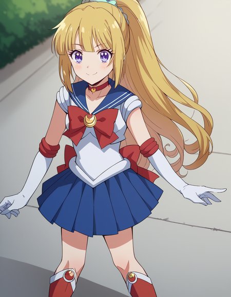 score_9, score_8_up, score_7_up, source_anime, keikaruizawa, <lora:kei-karuizawa-anime-s2-ponyxl-lora-nochekaiser:1>, kei karuizawa, long hair, bangs, blunt bangs, purple eyes, blonde hair, hair ornament, ponytail, scrunchie, blue scrunchie,, <lora:sailor-moon-cosplay-ponyxl-lora-nochekaiser:1>, sailormooncosplay, sailor moon \(cosplay\), back bow, blue sailor collar, blue skirt, boots, bow, brooch, choker, crescent moon, elbow gloves, gloves, jewelry, knee boots, magical girl, pleated skirt, red bow, red choker, ribbon, sailor collar, sailor senshi uniform, skirt, white gloves,,, outdoors, streets, smile, blush,, cowboy shot, dutch angle, solo,