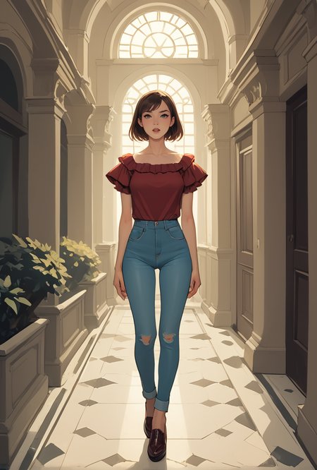 core_9, score_8_up, score_7_up,1girl,eighteen, east asian, light brown sleek bob hair, gray eyes, sarcasm face,  agile body, Size DD breasts, dressed with burgundy  ruffle sleeve blouse and   skinny jeans, oxford shoes  subdued lighting, head tilted to the side, indicating thoughtfulness, <lora:add_detail:0.8>
