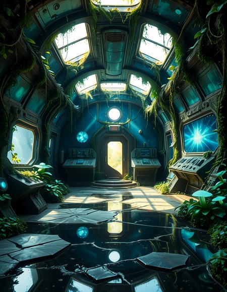 The interior of an ancient abandoned spaceship, overtaken by lush vegetation. The walls and ceiling are covered in thick, twisting vines and moss. Strange alien plants glow faintly in shades of blue and green, casting an eerie, mystical light across the metallic surfaces. Rusted control panels and shattered glass windows hint at a long-forgotten past. The floor is cracked and partially flooded with still, reflective water. Patches of bioluminescent fungi cling to the corners, adding a surreal atmosphere. The air feels heavy with moisture, and beams of soft, diffused light filter through holes in the hull, creating dramatic shafts of light and shadow. The overall style is hyper-realistic, rich in textures, with a cinematic and slightly melancholic mood.<lora:SDXLFaeTastic2400:0.4> <lora:extremely_detailed:0.4> extremely detailed,<lora:ancient_abandoned_sp4c3sh1p:1>,ancient abandoned sp4c3sh1p, Masterpiece,best quality,hi res,8k,hi res,8k,award winning,(sharp focus, intricate, highly detailed),
