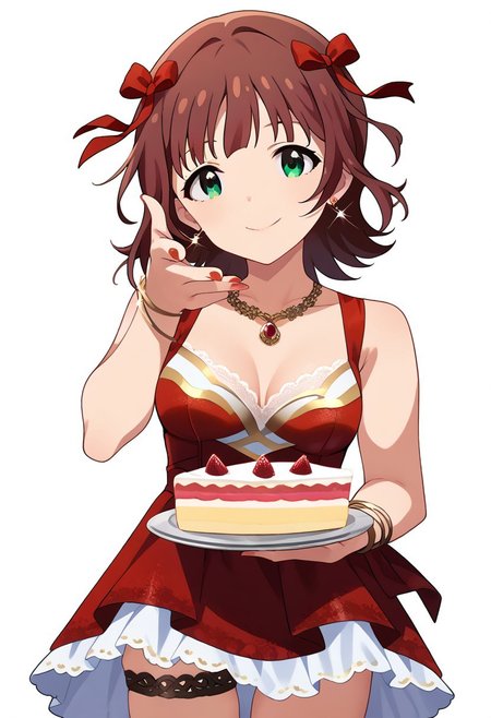 score_9, score_8_up, score_7_up, source_anime,
standing, throwing at viewer, cake throw, cowboy shot, white background, 
ammhrk, short hair, medium hair, brown hair, bangs, (red hair ribbon:1.2), green eyes, medium breasts, 
idol costume, red dress, lace trim, luxury, thighs, lace thigh strap, earrings, necklace, bracelet, nail polish, detailed eyes, eye refraction, smile