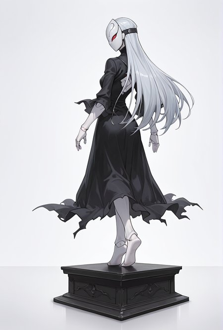 Smooth Quality,masterpiece,very intricate, high quality details, ultra realistic, high detailed skin,detailed enviorement,absurdres,
simple background, white background, 
from behind,solo,balancing,
 <lora:Berettacnn:0.8>  beretacnn,1girl, long hair,red eyes, (mask:1.1), black dress,silver hair, doll joints, no humans, no mouth,
