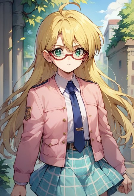 score_9, score_8_up, score_8, score_7_up, solo, source_anime, rebeccahawkins, green eyes, blonde hair, long hair, ahoge, bangs, glasses, uniform, necktie, pink jacket, plaid skirt, skirt, short skirt, zettai ryouiki