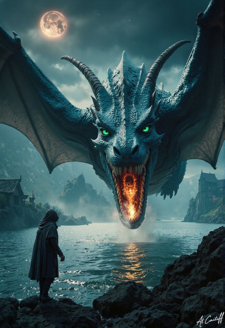 Dutch tilt, 50mm fisheye lens with pronounced barrel distortion, extreme motion blur on water, deep f/4 depth of field. A massive, twisted dragon with iridescent blue scales and a pair of curved horns made of polished obsidian rises from the depths of a mist-shrouded lake, its wings outstretched in a fiery arc. The dragon's eyes burn with an intense, hellish green light, while its mouth is open in a scream, revealing rows of razor-sharp teeth. A figure in a worn, tattered cloak stands on the lake's edge, arms outstretched as if to summon the dragon. The figure's face is obscured by a hood, but a faint, otherworldly glow emanates from within. The sky above is a deep, foreboding indigo, with a distant solar flare casting a warm orange glow across the scene.<lora:CustomFlux/MysticRealism.safetensors:1.0000000000000002:1.0000000000000002>