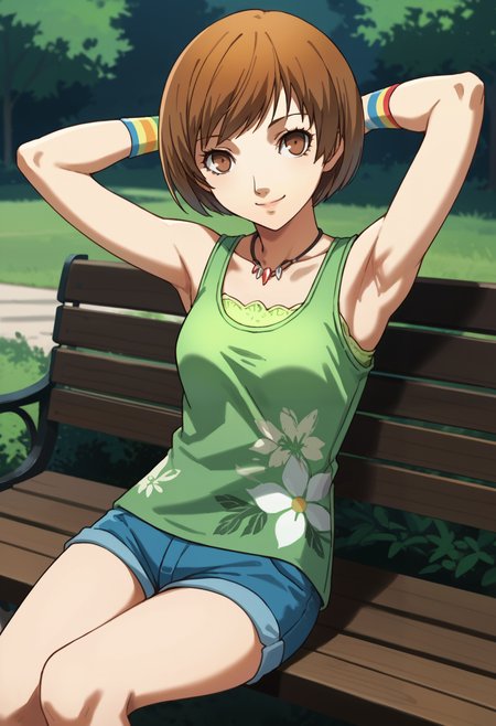 score_9, score_8_up, source_anime
1 girl, solo, cute face,
p4chie, satonaka chie, short hair, brown hair,
p4chie-sumcas, jewelry, necklace, tank top, green tank top, floral print, bare shoulders, collarbone, wristbands, multicolor wristbands, short shorts, blue shorts,
outdoors, park, sitting, bench, smile, hands behind head, looking at viewer,
masterpiece, best quality, ultra detailed,