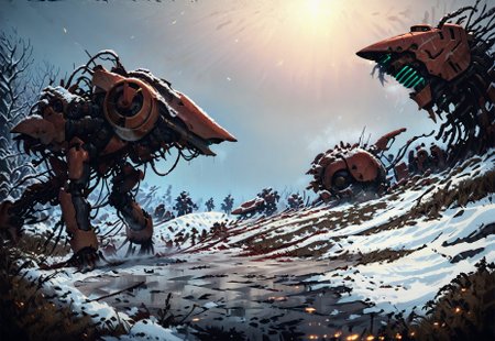 trending on ArtStation, (the forever winter game) by Peter gric, H.R Giger, Chris Cold, by Florent Desailly, muscular with exoskeleton lots of thick cables, cables everywhere, husk (, by Peter gric, H.R Giger, Chris Cold, by Florent Desailly, robotic skeletal warriors, giant robot monstrosity, alien race, horror, post apocalyptic, (stunning, magnificent, HD, photorealistic, dramatic lighting, intricate details, high detailed biomechanical patterns, powerful, cinematic, masterpiece, aftermath, winter, humans running away, deadly machines