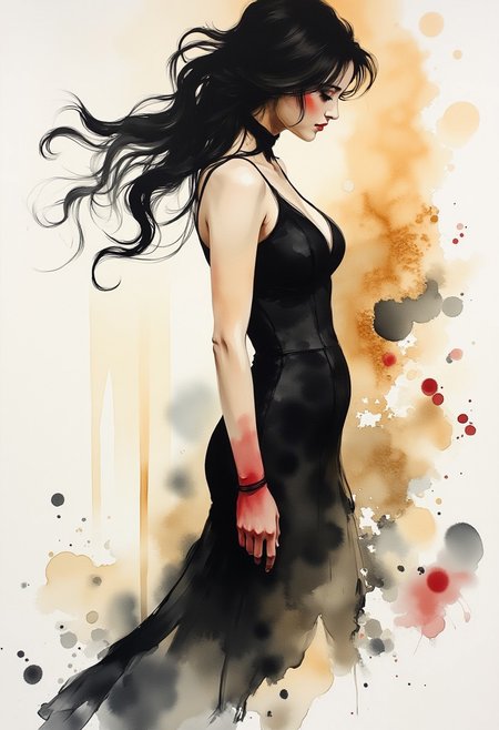 in the style of ck-mgs, nistyle, , ArsMJStyle, Expressive Watercolor Ink Wash, Ink splash on handmade rice paper, ultra-detailed sepia wash with molten gold leaf accents and blood-red sumi drips, ethereal Silhouette Art of a sultry Asian femme fatale), flowing black hair dissolving into crows’ feathers, body-hugging qipao-style evening gown with torn slit revealing garter straps, smudged dark eyeshadow like cried-off mascara,