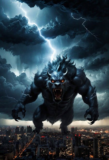 black clouds, rain, lightening, dark, night, ( beast appears from the rolling cloud), The beasts looks down as he towers above the city below,  DEVIL SPAWN