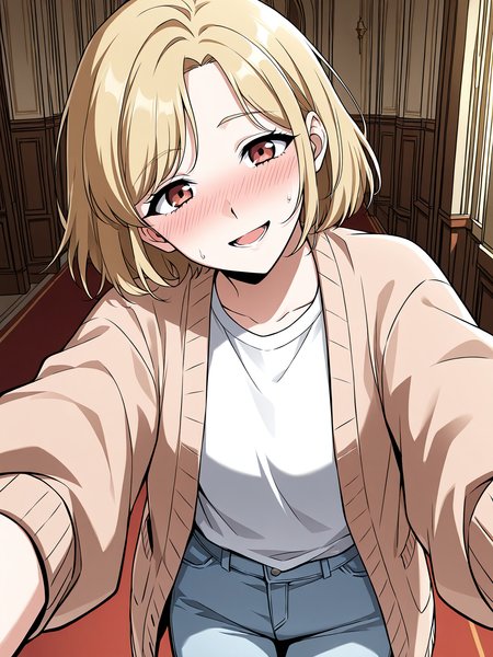 <lora:Omniscient_Readers_Viewpoint__Shin_Yoosung:1>
1girl, solo, short hair, blonde hair, soft expression, light skin,  red brown eyes,
light brown cardigan, white t-shirt, light blue jeans, casual outfit, long sleeves, rolled cuffs,
score_9, score_8_up, score_7_up, score_6_up, source_anime, rating_explicit, 1girl, solo, smile, embarrassed, alcalose eyes, open mouth, mansion, indoors, looking at viewer, outstretched arms, pov, close-up, (head tilt:1.2)