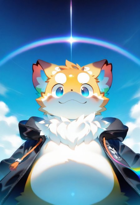 (zuppu11), xi410, alens, kyomu, 1boy, solo, furry, cute, kemono, masterpiece, best quality, very awa, very aesthetic, absurdres, sentensive, looking at viewer, sky, rainbow