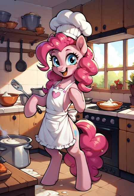 embedding:urn:air:sd1:embedding:civitai:222256@250708, score_9, score_8_up, score_7_up, score_6_up,  
1pony, pinkie pie \(mlp\), (pony:1. 1), , tail, long hair,
kitchen, happy, =apron, cooking, chef hat, mixing a bowl, covered in flour, posing, covered in frosting, horse