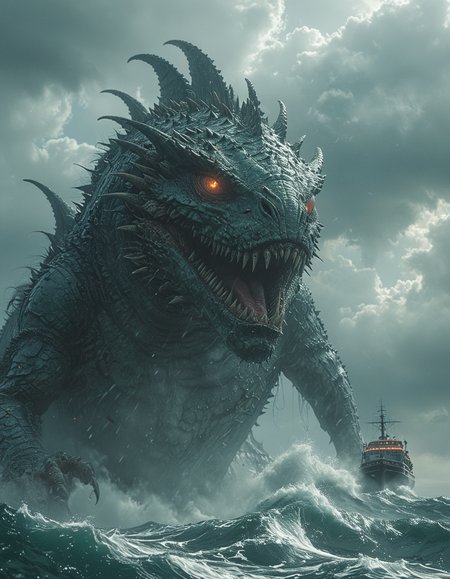 closeup of a ship, a colossal sea monster emerging from the ocean, the creature covered in scales and have glowing eyes, it towers over a ship and dwarfing it in size, attacking, the sky is overcast with beams of light breaking through the clouds, highlighting parts of the monsterâs body, dramatic contrast, moody, epic, <lora:XL_Boss_Battle_-_By_HailoKnightV2:0.8>, <lora:MJ52:0.3>, <lora:add-detail-xl:1>, <lora:- SDXL - vanta-black_contrast_V3.0:0.7>