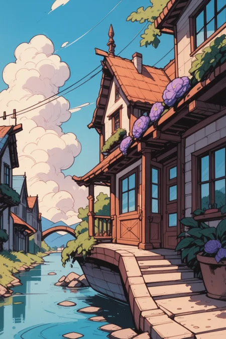 no humans, scenery, water, outdoors, plant, building, flower, stairs, potted plant, day, window, purple flower, bridge, sky, railing, door, string of flags, boat, house, arch, watercraft, flower pot,, zPDXL3, detailxl,  Score_PnyReal,