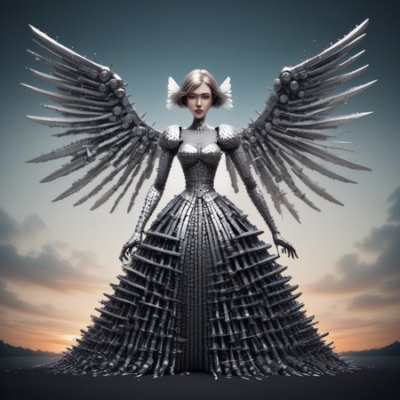 embedding:lazyup, 1girl, clockwork angel, wings constructed from interlocking cotter pins, dress woven from copper wire, standing atop a giant gear-shaped cloud, sunset sky with screw-shaped constellations, fastenerswm <lora:FastenersWMv0.4:1.0000000000000002> <lora:TrendCraft_The_Peoples_Style_Detailer-v2.0A-3_13_2025-PonyXL:0.4000000000000001>