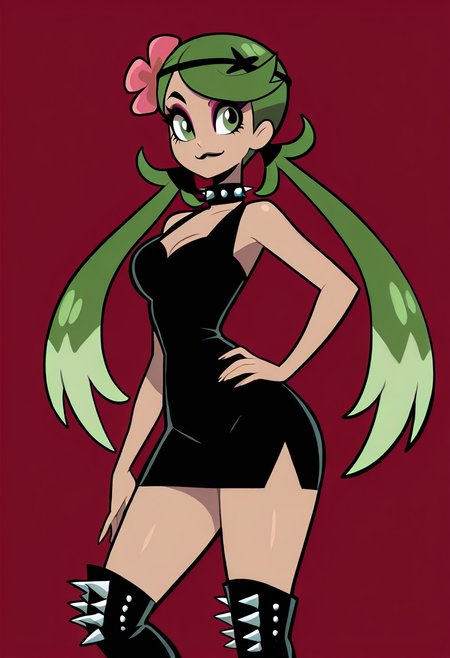 (masterpiece, best quality, good quality, very aesthetic, absurdres, newest:1.2),    medium breasts, (curvy),   BREAK, zzMallow, green hair, green eyes, hair flower, hair ornament, <lora:MallowPokemon_NAI:1.0>, , two-tone hair, purple hair, makeup, eyeshadow, black lips, dress, black boots, knee boots, spikes, spiked collar, gothic,smile, looking at viewer, cowboy shot,  <lora:VampieNAI:0.8>,  hand on hip, hip to the side, contrapposto, dynamic angle, side view, smile, :3,
