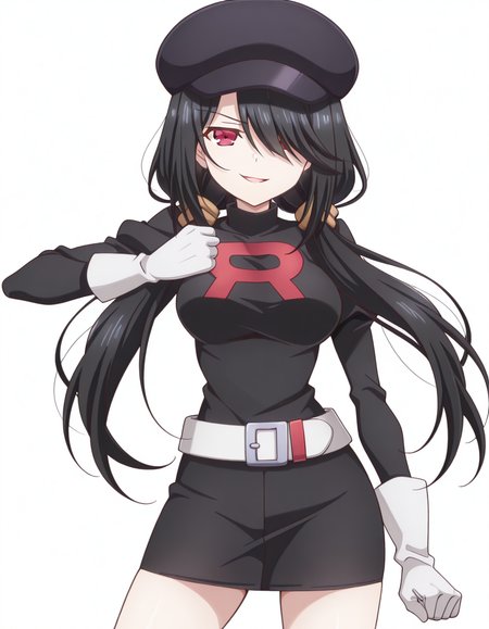 masterpiece, best quality, amazing quality,, <lora:kurumi-tokisaki-s2-illustriousxl-lora-nochekaiser:1>, kurumi tokisaki, black hair, red eyes, long hair, hair over one eye, twintails, low twintails, mature female, medium breasts, anime screencap, <lora:team-rocket-uniform-illustriousxl-lora-nochekaiser:1>, team rocket uniform, black hat, black shirt, black skirt, white belt, white gloves, single letter,, <lora:giorno-giovannas-pose-illustriousxl-lora-nochekaiser:1>, giorno giovannas pose, giorno giovanna's pose (jojo), jojo pose, hand up, clenched hand, hand on waist, smile, looking at viewer, cowboy shot,, lip_biting, open mouth, <lora:transparent-background-illustriousxl-lora-nochekaiser:1>, transparent background, simple background, white background, ,