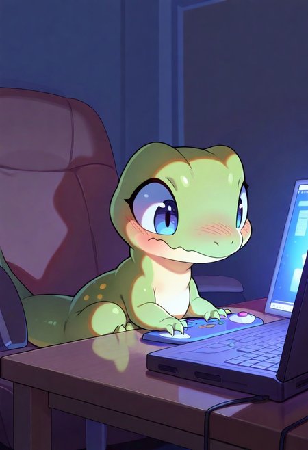 (masterpiece, best quality, high quality, highres), very awa, highres, absurdres,
cute, animal focus,
(lizard:1.1),
(no humans:1.1), (cute:1.2), comfy, solo, cozy,
indoors, sitting at table, PC, sitting on a chair, playing video game, looking at PC, embarrassed, scared, oo, evening,