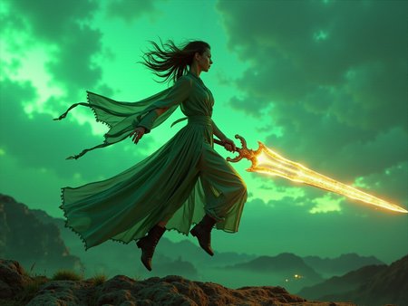 long shot scenic professional photograph of cinematic film still Volumetric Lighting, DMT Art Style, action scene of high quality jumping woman (sci-fi clothes, intricate robe) holding a sci-fi cyberpunk design glowing (gigantic:1.7 Demon-Slayer sword:3.5), a mesmerizing 20-year-old woman with a futuristic beauty and green eyes, , bright colors, surreal visuals, swirling patterns, DMT art style, light depth, dramatic atmospheric lighting, Volumetric Lighting, shallow depth of field, vignette, highly detailed, high budget Hollywood film, bokeh, cinemascope, moody, epic, gorgeous, film grain, perfect viewpoint, highly detailed, wide-angle lens, hyper realistic, with dramatic sky, polarizing filter, natural lighting, vivid colors, everything in sharp focus, HDR, UHD, 64K
