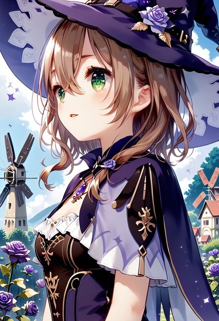 score_9, score_8_up, score_7_up, 1girl, YukiuCP, masterpiece, best quality, ultra high res, smiling, happy, (detailed eyes:1.2), a beautiful girl, perfect face, arms at sides, masterpiece, ultra high res, high quality, 4k, upper body:1.5,  lisa (genshin impact), urple witch hat, green eyes, brown hair, (PureErosFace_V1:0.008), (european:1.6), bangs, dress, rose, jewelry, witch, capelet, purple headwear, black gloves, purple flower, hair between eyes, purple rose, parted lips, purple capelet, hat flower, multicolored dress, hair ornament,  windmill, from side,
