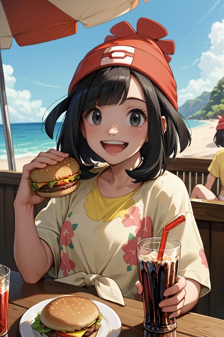 zPDXL3,  <lora:Selene_Pony:.8>,
Selene_(Pokemon), black eyes, black hair, red beanie, yellow shirt, tied shirt, floral print, looking at viewer, happy, mouth open, sitting, upper body shot, behind a table, hamburger, holding glass of cola, outside, restaurant,beach,