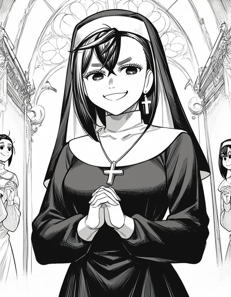 score_9, score_8_up, score_7_up, source_anime, <lora:momo-ayase-manga-ponyxl-lora-nochekaiser:1>, momo ayase, short hair, bangs, thick eyebrows, monochrome, greyscale, medium breasts,, <lora:traditional-nun-ponyxl-lora-nochekaiser:1>, traditional nun, nun, habit, long sleeves, dress, black dress, jewelry, black veil, cross, cross necklace,, church, smug, praying,, , dutch angle, cowboy shot