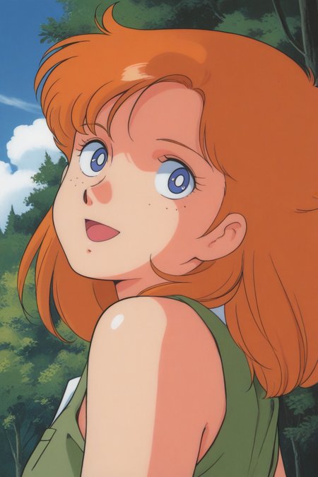 masterpiece, best quality, source_anime,official art,perfect_anatomy,1990s_\(style\),retro_artstyle, 1girl,Doris,blue_eyes,Freckles,orange_hair,long_hair,green_dress,(beautiful detailed face,looking_at_viewer,smile,open mouth),upper body,day,forest,blue_sky,cloud