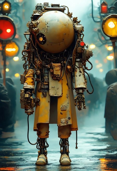 score_9, score_8_up, score_7_up, score_6_up,Dense fog permeates the air, rain, wet streets, puddles, dreary grim shades, dark colors, faded greens and faded blues, retrograde steampunk wired-cyborg reconstructed from spare parts, intricate mechanical parts and wires, robotic arms, spider-tank legs, 6 legs, mismatched legs, thick cable plugged into back of head | high-contrast palette, highly detailed, cinematic quality, modern art, timeless feeling