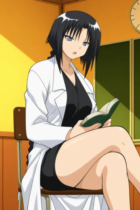 masterpiece, best quality, pugyuru_hokeni_ilxl, 1girl, solo,  <lora:pugyuru_hokeni_ilxl:0.9>, black hair, labcoat, skirt, long hair, braid, pencil skirt, single braid, miniskirt, anime coloring, anime screencap, classroom, indoor, holding book, open book, opened mouth, sitting chair, cross legs