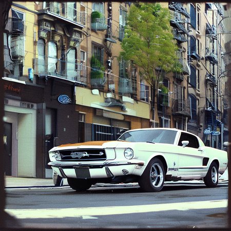 ford mustang parked in new york street, art by vintagehelper, depth of field, bokeh, wide angle