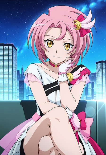masterpiece,best quality,amazing quality,

solo, 

Luna Yumizuki (Cardfight Vanguard), short hair, pink hair, yellow eyes, 

idol, idol outfit, magical girl, semi transparent dress, collarbone, hair ornament, choker, fingerless gloves, bow, 

looking at viewer, smile, cheeks leaning on arm, 

cinematic, crossing legs, 

Outdoors, night, On top skyscraper, sci-fi city, (galaxy sky:1.2),

Lens flare, bloom, detailed shadow,

Official style, anime screencap, anime coloring,












