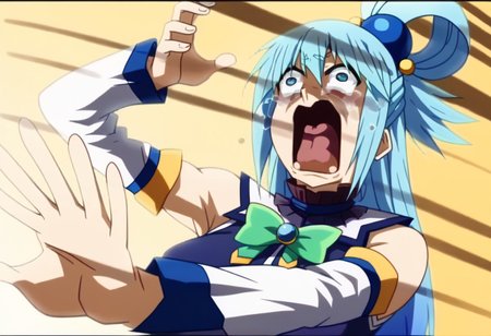 aquascreaming,
screaming,
open mouth,
crying with eyes open,
kaibanodef, 
upper body, 
parody,
1girl,
solo,
(zPDXL3),
(zPDXLxxx),
aqua \(konosuba\), 
long hair, 
blue eyes, 
hair ornament, 
very long hair, 
blue hair, 
hair rings, 
single hair ring, 
hair bobbles, 
skirt, shirt, thighhighs, bare shoulders, detached sleeves, white thighhighs, blue skirt, blue shirt, green bow,