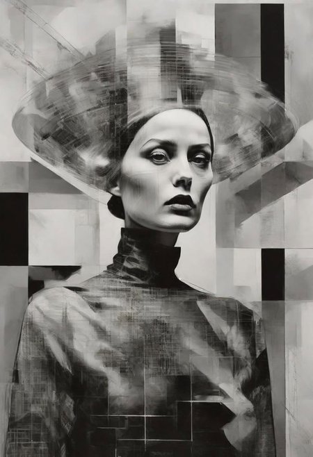 Monochrome black and white, Dali, Magritte, Delvaux, Bellmer, Malevitch, Rodchenko, Mondrian, Kandinsky, Popovna, psychedelic hallucination, pop surrealism, rough crosshatch drawing pop art Lunatic_Portrait of a young girl in latex, slick back, low bun, black makeup, sinister expression, intense glare, avant-garde, abstract, weird, geometric, constructivism, suprematism, rayonism, verticism, lineism, tj