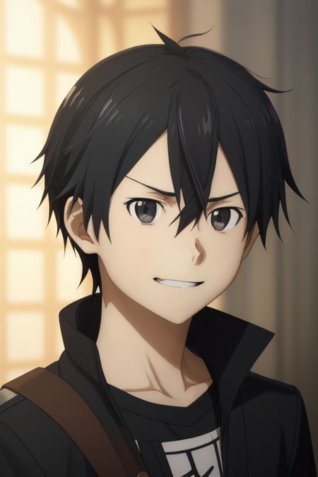 high resolution, solo, best quality, 1Boy, Kazuto Kirigaya, portraits, Black Hair, Black Eyes, portrait, looking at viewer, angry, smile, OverallDetail