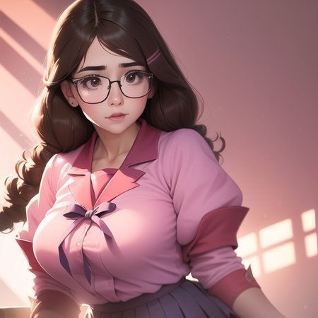 a woman,<lora:TsumasakyHanekawaTsubasa_v1:1>, closeup,

brown haired,ligtht pink school uniform,skirt,
glasses,

realistic, hyperrealistic,soft shadows,