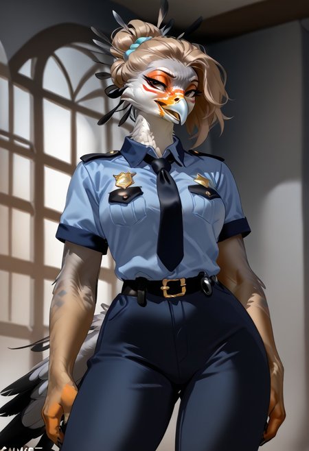 score_9, score_8_up, score_7_up, (by zummeng:1.5), (by jailbird:1.5), (by kittydee:1.5), masterpiece, best quality, (solo),  
(Furry Art : Anthro: secretary bird:1.5), 1girl, expressive eyes, feminine eyes, perfect face, feminine face, (light brown hair:1.5), (updo hair:1.5), feminine body, medium breasts, bird of prey, orange face markings around eyes, multicolored body, white feathers, black feathers, grey feathers, black thigh feathers, long legs, long head feathers, (police uniform:1.5), (grey eyes),