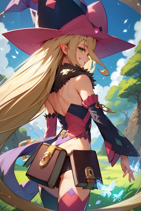 score_9, score_8_up, score_7_up, very aesthetic, source_anime, detailed, high quality, beautiful, masterpiece, detailed eyes,
<lora:lightXL:0.8>
forest, blurry background, magic effects,
<lora:action-sdxl-V0.5:1>zdyna_pose
dynamic angle, 
grin, smile, dynamic pose, from behind, flat chest,
<lora:magilou_autismConfetti_v01:0.95>
magilou \(tales\), blonde hair, very long hair, green eyes, hair between eyes, pointy ears, 
bare shoulders, hat, mismatched sleeves, asymmetrical sleeves, detached sleeves, fur collar, cap, fur-trimmed collar, mismatched legwear, asymmetrical footwear, mismatched footwear, strapless,, zPDXL