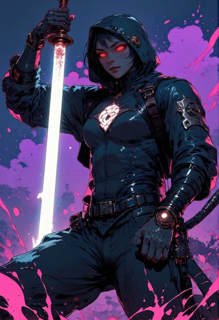 A dynamic and intense mangaka-style illustration featuring a dark-skinned majestic male Chirean sith, solo, Dutch angle, feet out of frame, deep depth of field, muscular, flawless anatomy, handsome, bat-like ears, yellow eyes, black sclera, squared jaw, flat nose, pale blue skin, dark blue hair, short hair, furred pelt, claws, manly, beard, pensive, standing. The character is elegant and imperious (looking down at viewer). He holds a glowing blue energy sword with both hands on the hilt. flowery meadow under a starry sky backdrop with splashes of purple and powder-blue energy swirling around. Best quality, amazing quality, best aesthetics, dark theme, low light, sith outfit. The diffused lighting softly illuminates every detail, HD, 8K quality, ultra-detailed, masterpiece artwor. The style is inspired by high-energy action scenes in manga, with an emphasis on minimalistic colors and a modern aesthetic, mangaka illustration style, G0thicL1nes