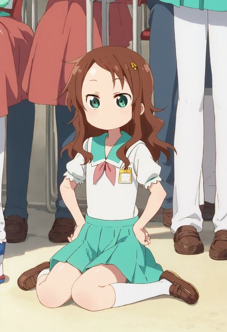 rikos, saisch, long hair, green skirt, brown hair, hair ornament, green eyes, flower, hair flower, school uniform, shoes, socks, uwabaki,  thighhighs,    sitting,   score_9, score_8_up, score_7_up, ,source_anime, best quality, masterpiece,   , full body view,  1girl , solo , girl focus , hands on hips,