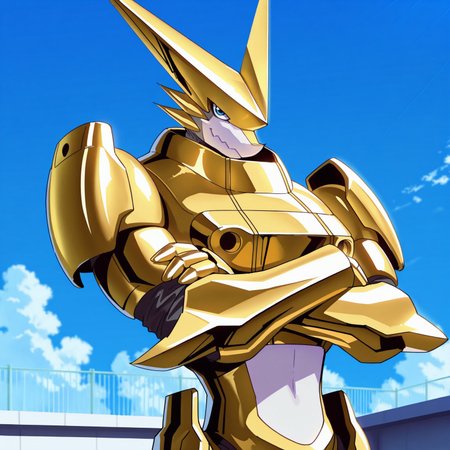safe_pos, masterpiece, best quality, highly detailed, realistic, 1boy, solo, OmegaShoutmon, furry, anthro, scalie, wingless dragon, blue eyes, white mouth, armor, gold armor, rooftop, afternoon, blue sky, on top of rooftop, detailed background, standing, smile, looking at viewer, closed mouth, arms crossed, upper body, gold fingers, side view