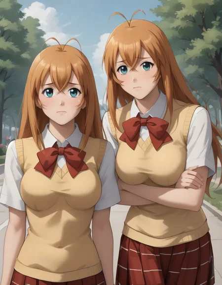 (score_9_up, score_9, score_8_up, score_7_up), ((masterpiece)), ((best quality)), 2girls, young girl and mother, young girl looking up while walking with her mom, shy happiness, subtle blush, emotional bond, sunny park with trees in bloom, bright soft light with faded edges, cinematic anime style, Hakufu Sonsaku, Long flowing orange hair with antenna strands, Aqua-colored eyes, Fair skin, Energetic and cheerful demeanor, Large bust, Wears a school uniform with a red plaid skirt, Yellow sweater vest over a white short-sleeved shirt, Red bowtie, Often depicted in motion with dynamic expressions,