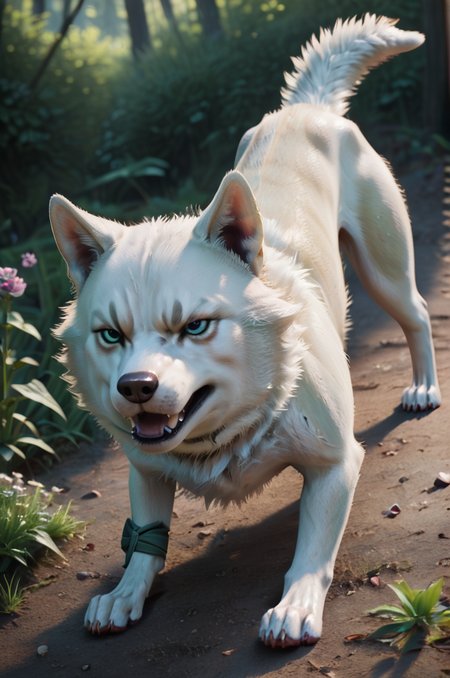 source_furry, score_9, score_8_up, score_7_up, (pryna_xv, dog, feral), white fur, detailed fur, furry, fluffy, blue eyes, detailed eyes, paws, tail, green bandage, <lora:FF_Pryna08:0.8>, outdoors, graslands, all-fours, head down, ass up, open mouth, teeth, angry, zPDXL2, zPDXLpg, zPDXLrl, shaded, best quality, highly detailed, extreme detail, photorealistic