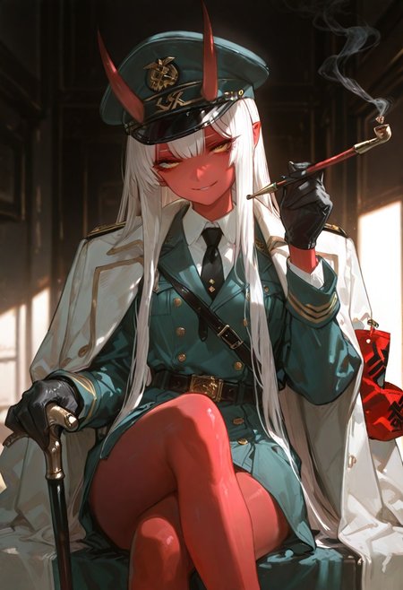 masterpiece, best quality, good quality, newest, highres, absurdres, volumetric lighting,gradient color,
BREAK 
raytracing, volumetric lighting, ambient occlusion, girl, 
BREAK
Aka-Oni, oni, colored skin, (red skin:1.3), straight horns, solo, long hair, model style,
 evil eyes, evil, bullying, sinister, 
BREAK
shirt, sidelocks, sitting,smoke, smoking, smoking pipe, solo, very long hair, crossed legs, coat, smoking gun, holding cane, cigarette, military jacket, capelet, uniform, coat on shoulders, jacket, long sleeves, belt, buttons, collared shirt, ,hat, holding, holding smoking pipe, long hair, looking at viewer, military hat, military uniform, gloves, armband, necktie, smile, eyelashes, peaked cap, cowboy shot