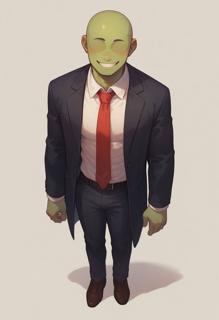 score_9, score_8_up, score_8,
1boy, solo, green skin, no eyes, no eyebrows, bald, black business suit, white under shirt, red tie, black suit pants, average body, full body, smiling, white background