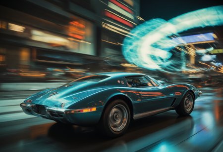 <lora:ck-70sScifi:1> ck-70scf , Avant-garde , Syd Mead techno style , retro futurism, blue and teal theme Corvette  <lora:flux dtmh:1> motion blur, ground vehicle <lora:aidmaFluxPro1.1Stylev0.2:0.5> aidmafluxpro1.1