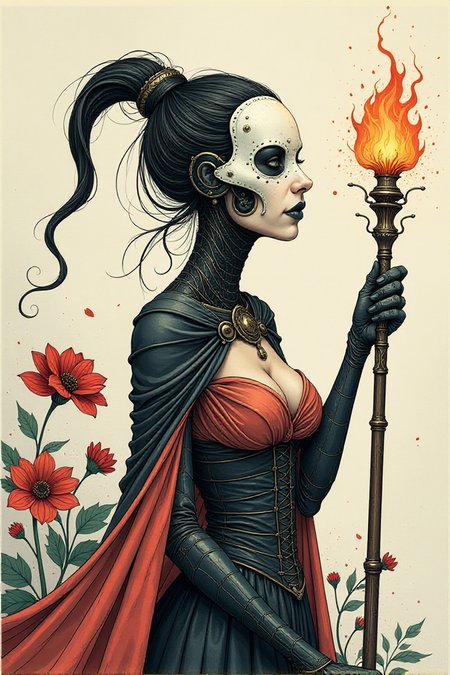 Anna Dittmann style character,digital illustration of a female plague doctor, biomechanical, in a thick line hand-drawn style,watercolor,flowery background, rough, minimalism, side view image,comic art, white plague doctor mask, glowing magical staff finished by Kay Nielsen, opaque paint, mysterious, sexy rococo cleavage, mysteriousâââ