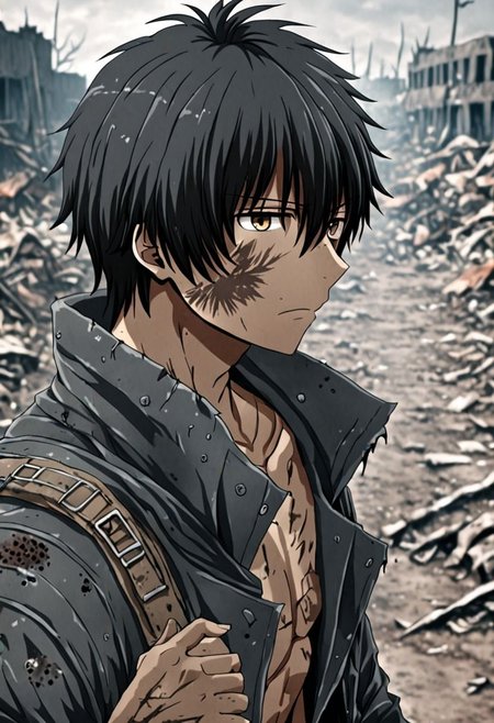 high resolution, solo, best quality, 1Boy, Seiya Kanie, black hair, short hair, thin, shallow depth of field, Post-Apocalyptic, survival, OverallDetail