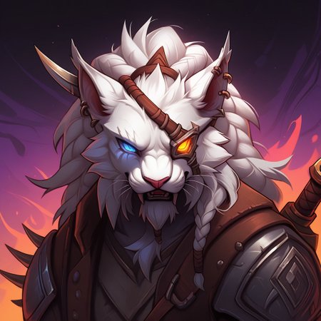 score_9, score_8_up, score_7_up, score_6_up,  by liteu, by lewdzure:1.6, by nullghost, by lowerkuo:1.4, th3rm4l, (source_furry, Furry)
BREAK Painting of Rengar perched on treetop, partial body, upper body, def_rengar, portrait, sabertooth, armor, eyepatch, dynamic pose, high angle, top view, ((anthro, feline, heterochromia, holding jungle dagger, primitive weaponry, glowing eyes, braids, white fur) (toned:1.2), piercing gaze, pretty face, tuft, chest tuft, cat face, 
BREAK colorful, abstract background, colorful background, nice lighting, exciting vibe,