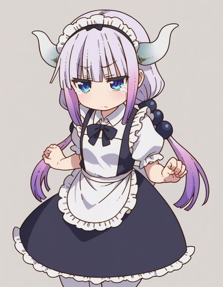 zPDXL, score_9, score_8_up, score_7_up, source_anime, (portrait),  <lora:KobayashiDragonPack:1> drgmd, 1girl, solo,
kanna kamui, petite, plump, purple hair, long hair, low twintails, blue eyes , maid-outfit, (white-pantyhose), mary-janes, maid-headdress, maid-apron, tearing up, horns_pose,