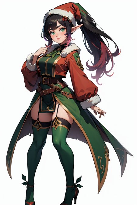 (masterpiece, best quality, highres, high resolution:1.2), extremely detailed, intricate details, 1girl, solo, looking at viewer, clamEmma, <lora:clamEmma:0.6>, (simple background, white background:1.2), full body, santa's elf, green outfit, stocking cap, high heel boots, smile, side-swept bangs, black hair, pink IncursioDipDyedHair, messy mid ponytail, green eyes, thick eyebrows, freckles, <lora:DipDyedHair:0.8>, <lora:weight_slider_v2:0.25>, (cinematic lighting, bloom, volumetric)