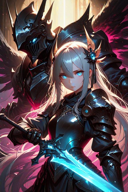 masterpiece, best quality, amazing quality, aesthetic, volumetric lighting, ambient light, saturated colors, dark shadows, 1girl, 1boy, long hair, blue eyes, wings, hair between eyes, very long hair, grey hair, armor, helmet, hair ornament, looking at viewer, sword, gauntlets, glowing, full armor, holding, weapon, holding weapon, holding sword, shoulder armor, closed mouth, zstyle,very awa, absurdres